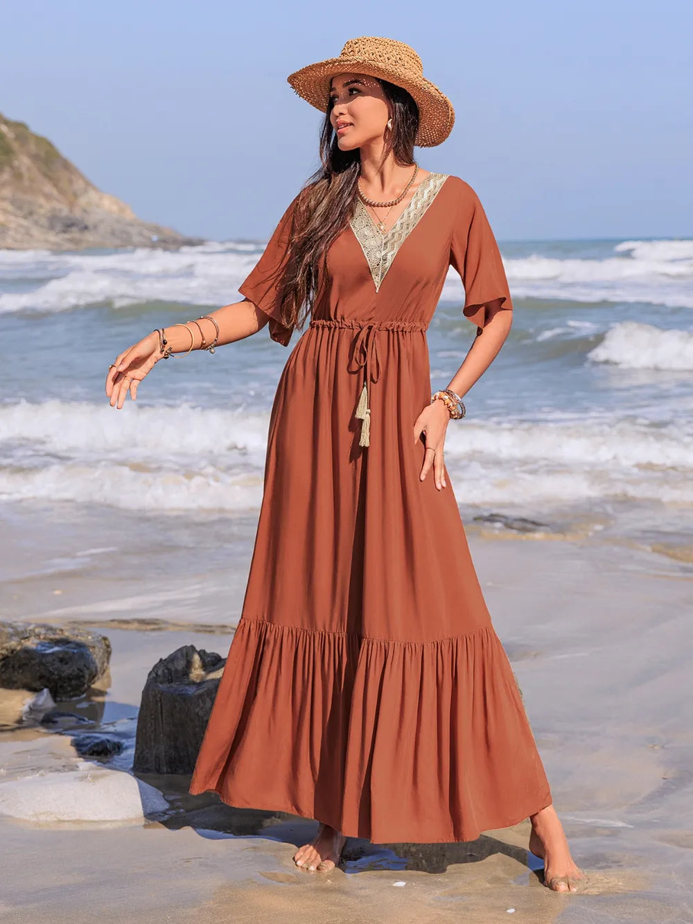Ruffled Tassel V-Neck Flutter Sleeve Dress – truebabedesign Ruffled Tassel V-Neck Flutter Sleeve Dress – truebabedesign