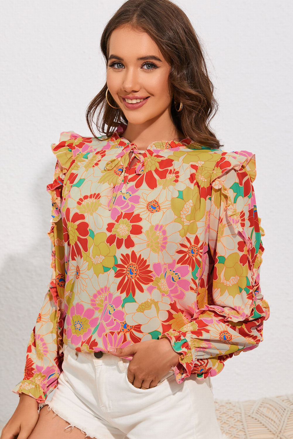 Double Take Floral Tie Neck Ruffled Blouse