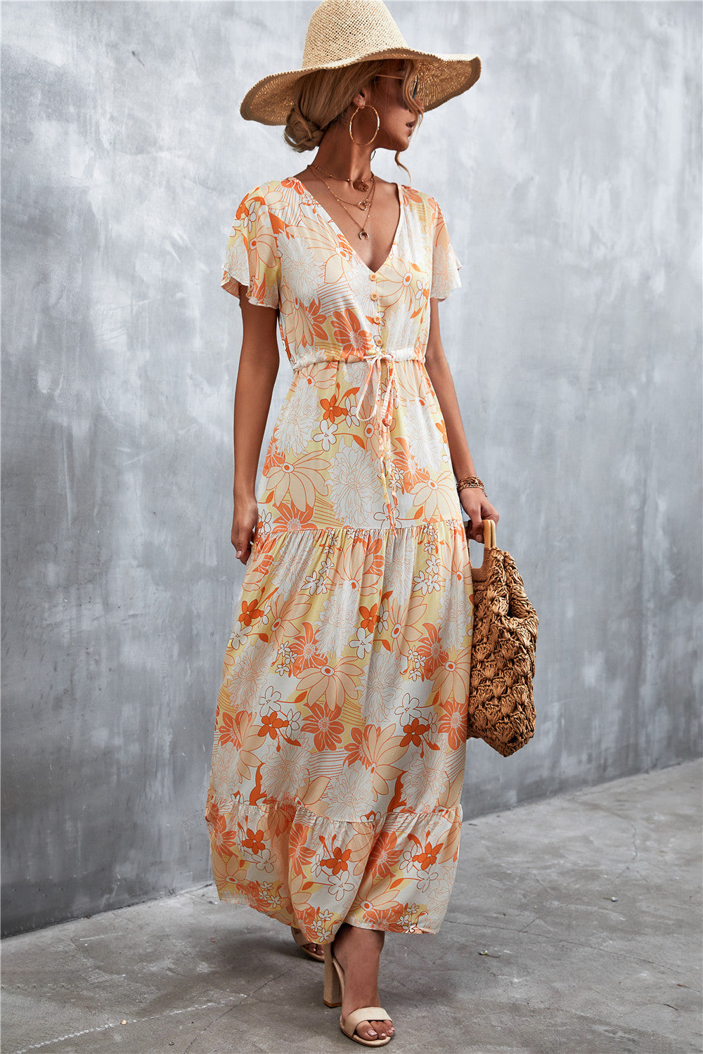Floral Buttoned Drawstring Waist Maxi Dress