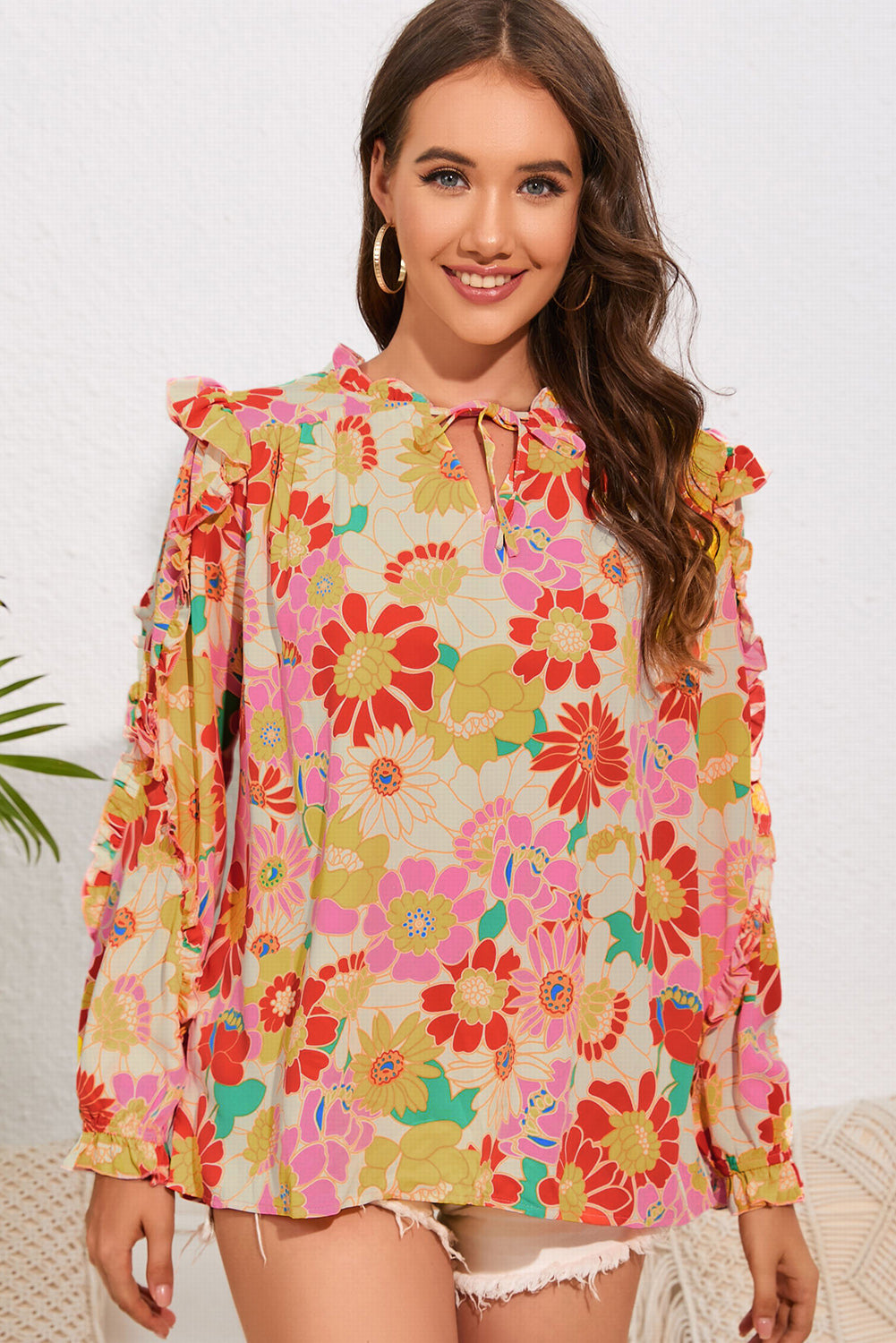 Double Take Floral Tie Neck Ruffled Blouse