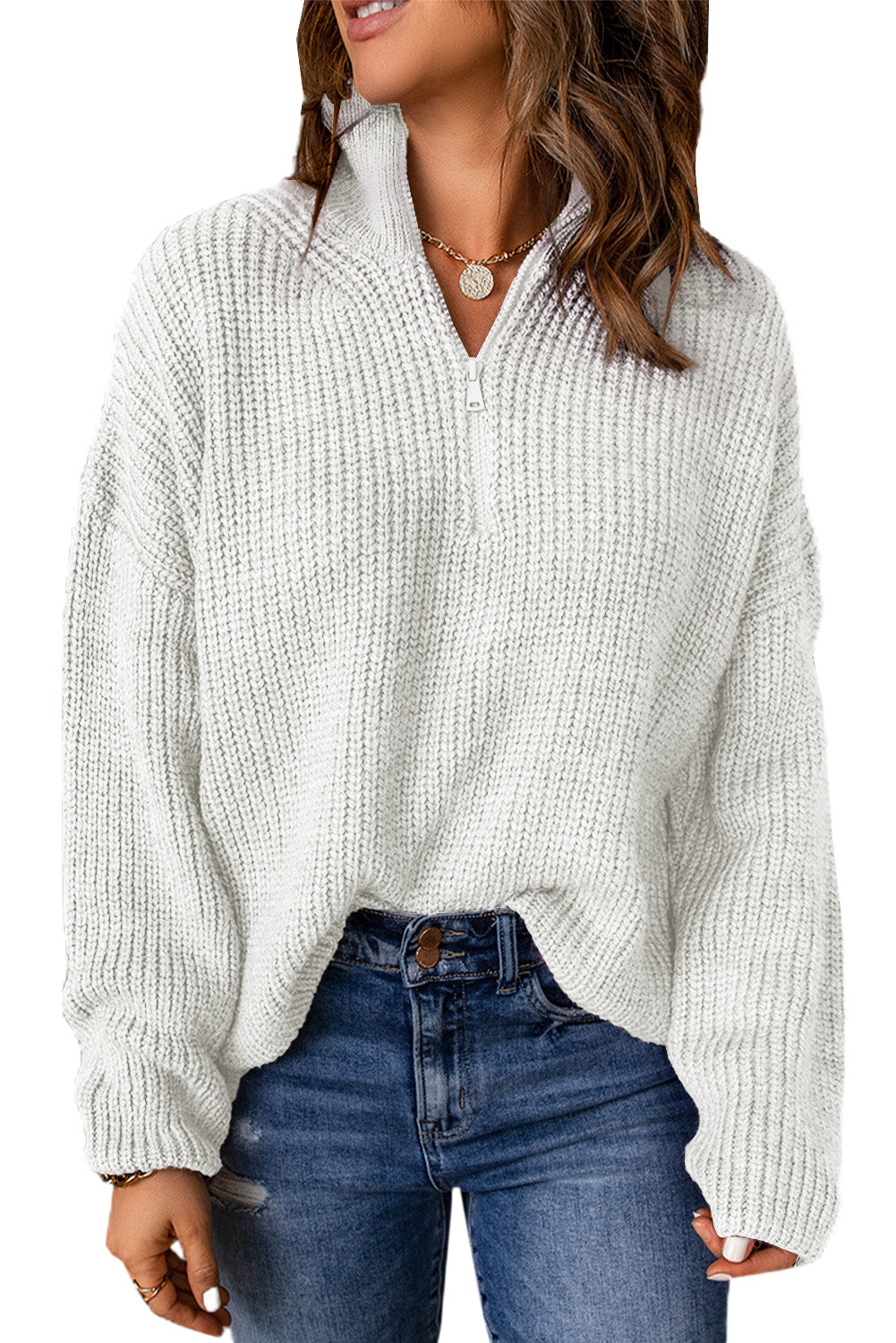 Half Zip Rib-Knit Dropped Shoulder Sweater