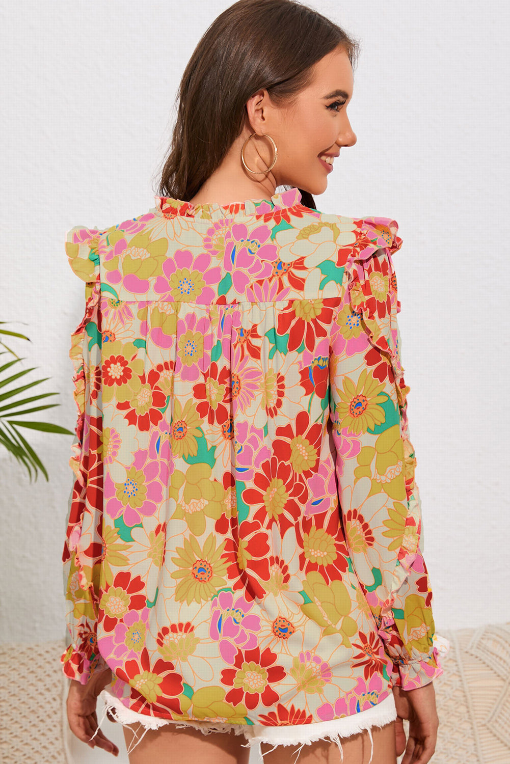 Double Take Floral Tie Neck Ruffled Blouse