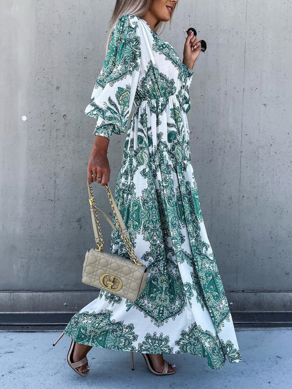Women's Woven Loose Vintage Style Vacation Long Sleeve Dress