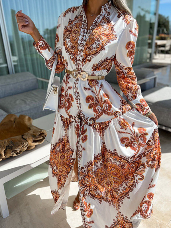 Women's Woven Loose Vintage Style Vacation Long Sleeve Dress