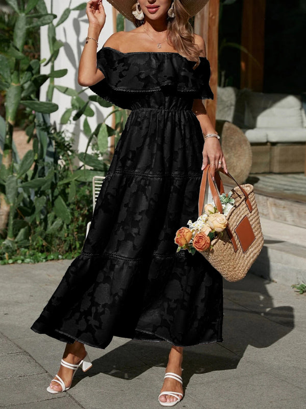 Women's Solid Color Ruffle Off The Shoulder Tiered Maxi Dress