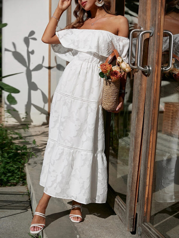 Women's Solid Color Ruffle Off The Shoulder Tiered Maxi Dress