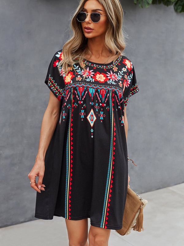 Women's Floral Embroidered Short-sleeve A-line Mini Dress