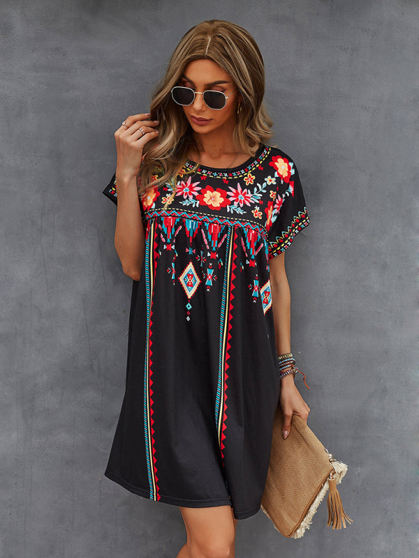 Women's Floral Embroidered Short-sleeve A-line Mini Dress