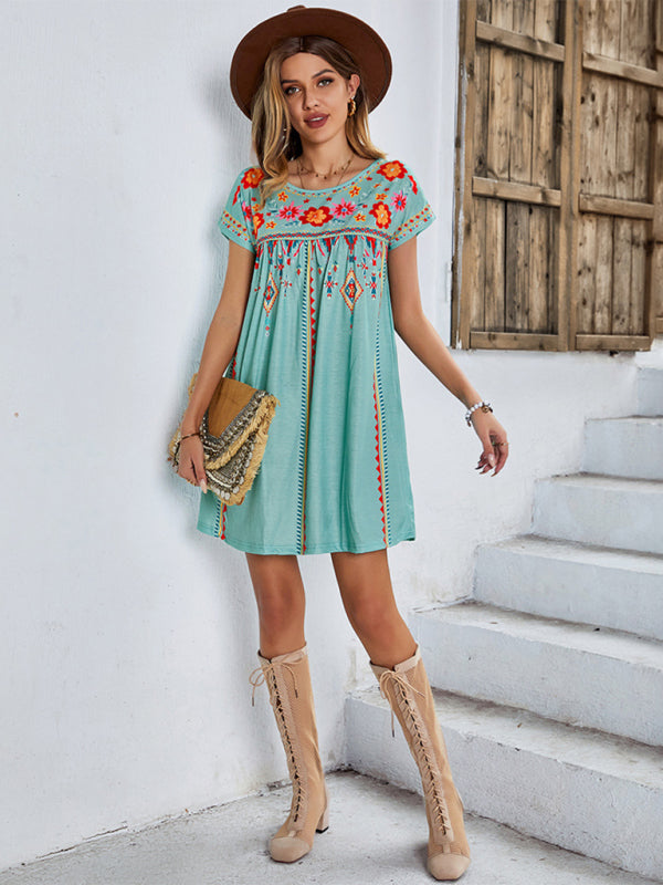 Women's Floral Embroidered Short-sleeve A-line Mini Dress