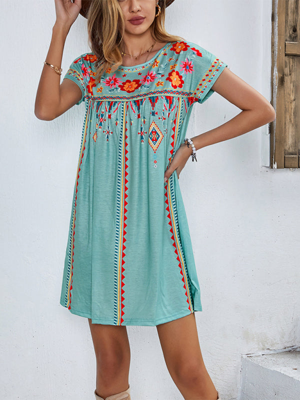 Women's Floral Embroidered Short-sleeve A-line Mini Dress