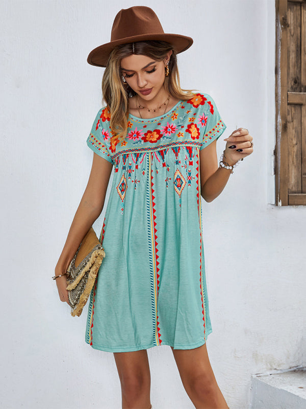 Women's Floral Embroidered Short-sleeve A-line Mini Dress