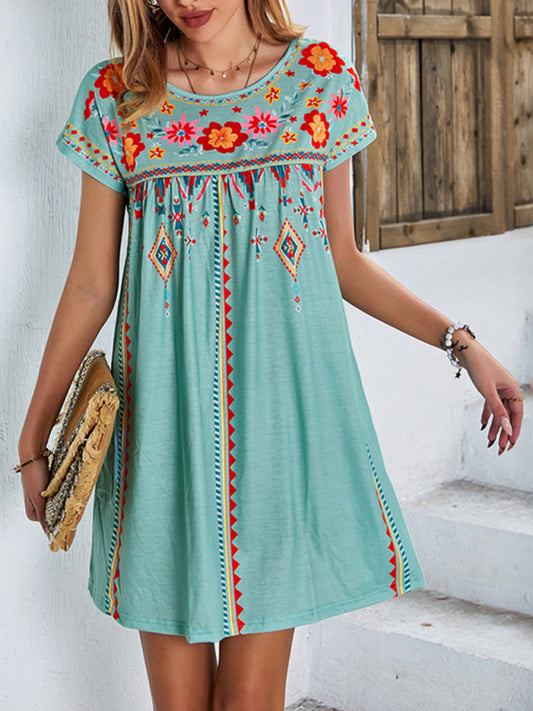 Women's Floral Embroidered Short-sleeve A-line Mini Dress