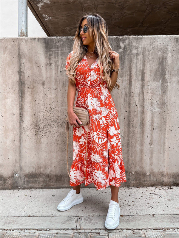 Women's Floral Print Short Sleeve V-Neck Dress